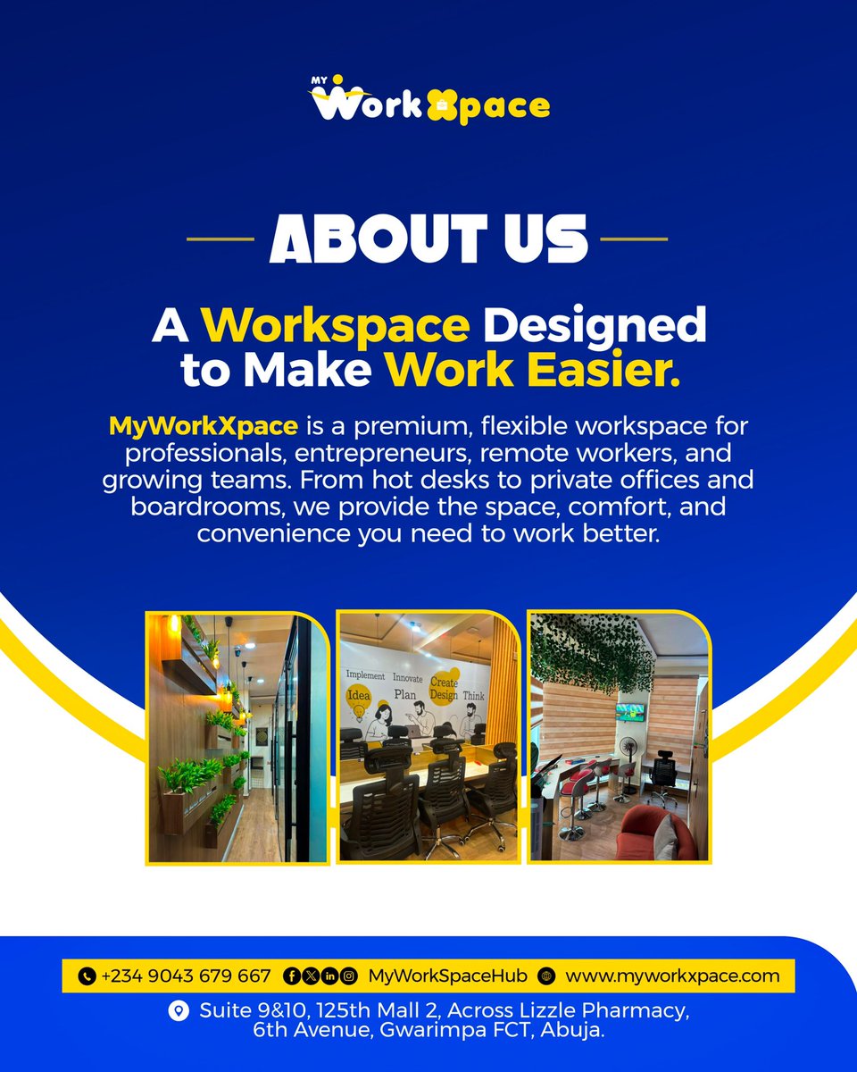 MyWorkXpaceHub's tweet photo. Abuja, your new favourite workspace is here! 💙💛

Welcome to MyWorkXpace a premium workspace built for people who take their work seriously. https://t.co/EbeuoEbN79