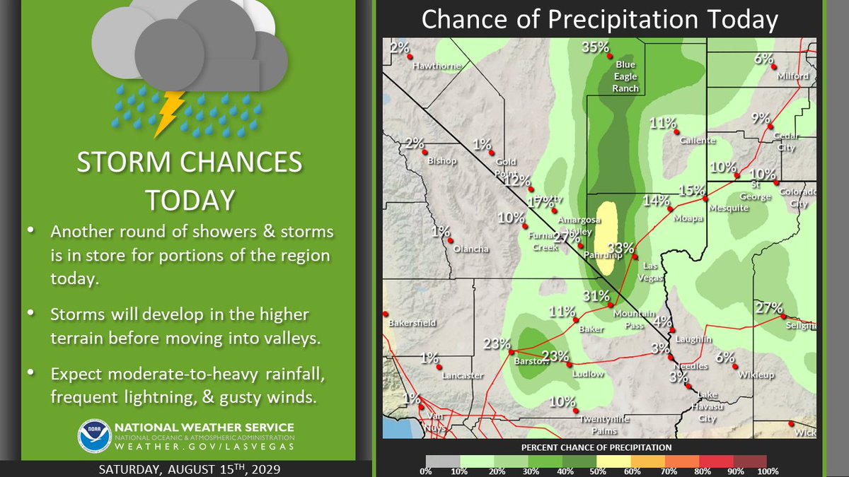 NWSVegas's tweet photo. Thunderstorms are back in the forecast today! Look for storms to first develop over the higher terrain before moving into nearby valleys. If you have outdoor plans, keep an eye on the sky and be ready for heavy rain, frequent lightning, and sudden gusty winds. #nvwx #azwx #cawx https://t.co/ymPW3ExLLa