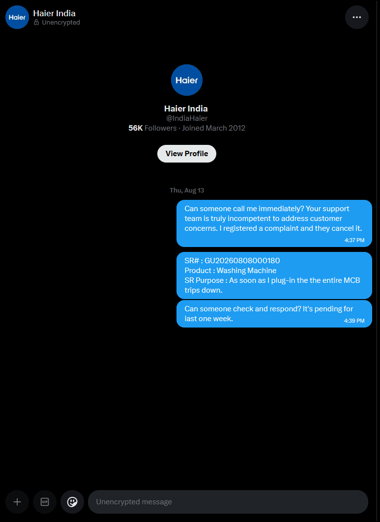 kapilkgo's tweet photo. @IndiaHaier @HaierAppliances @HaierSmartHome 
What is this message for? Just to show everyone that you care about customer. Bullcrap!
Here is the personal chat screenshot .. not a word from you. Shame on you! Your piece of crap which I bought from you is just lying in a corner. https://t.co/Xgqqc62fu5