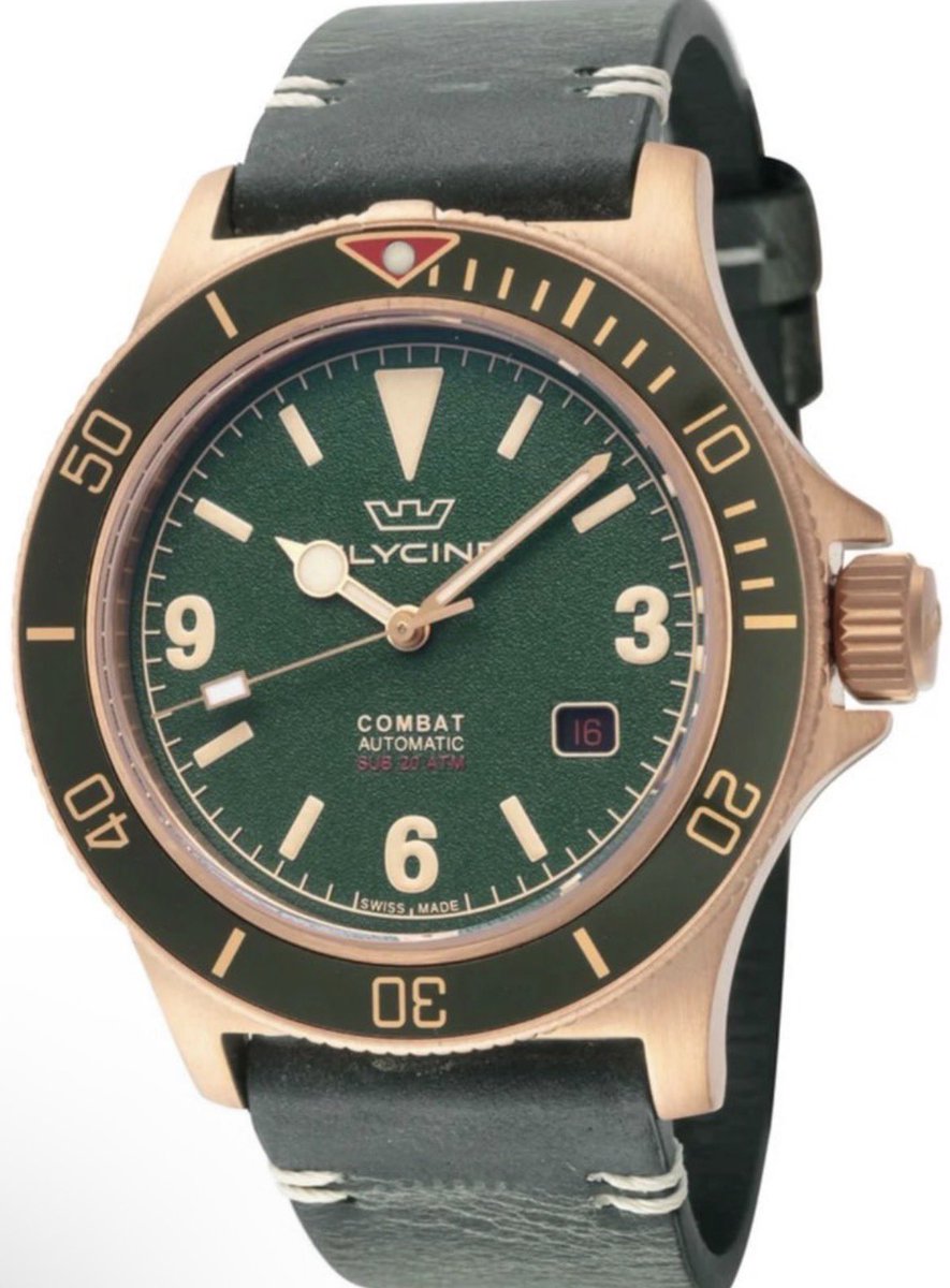SergioE77784635's tweet photo. Glycine Combat Sub 42 mm. Está marca me encanta, calidad-precio no tiene competencia. Caja de Bronce, cristal de zafiro, 200 metros sumergibimidad, automático y con una correa de piel envejecida chulísima. Un acierto! https://t.co/fzPfnN9XxS