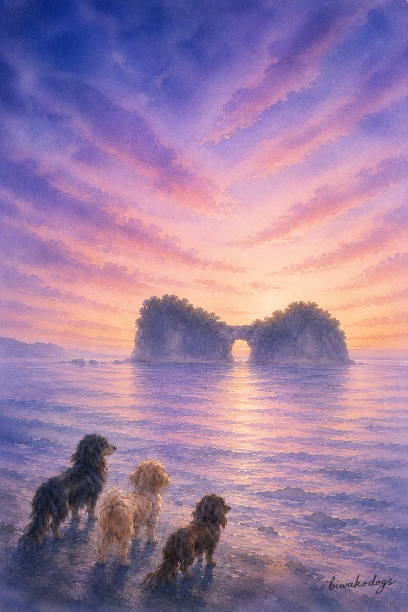 biwakodogs's tweet photo. 夜がほどけて、朝になる少し前。

まだ青紫の海の向こうに、円月島。

三姉妹もしばらく立ち止まって、
静かに海を眺めていました。

《夜明け前 ― 円月島》

#びわこDogs #円月島 #白浜 #水彩画 #犬のいる風景 #犬と旅 https://t.co/LU1QkTbrdm