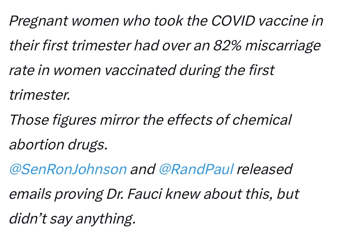 JeromeAdamsMD's tweet photo. Senator @tedcruz  
I give you the benefit of the doubt and assume your (repeatedly fact checked and community noted as FALSE) posts that the COVID vaccine produced an 82% miscarriage rate for women vaccinated in the first trimester was an honest misunderstanding of the data. That figure comes from a 2021 @NEJM study. The actual reported rate among completed pregnancies was 12.6% (104 miscarriages out of 827), which is within the normal background range. The higher number only appears when hundreds of women who were vaccinated later in pregnancy (and went on to have live births) are removed from the calculation.

As a doctor I’m grateful you deleted those posts - thank you for doing so! Given how widely the claim circulated and the potential it has to scare so many pregnant women away from a vaccine that protects both them and their babies (and as protecting the health of moms and babies would seem to be the impetus for your concerns here), would you please also issue a clear public correction so the record is set straight? 🙏🏽