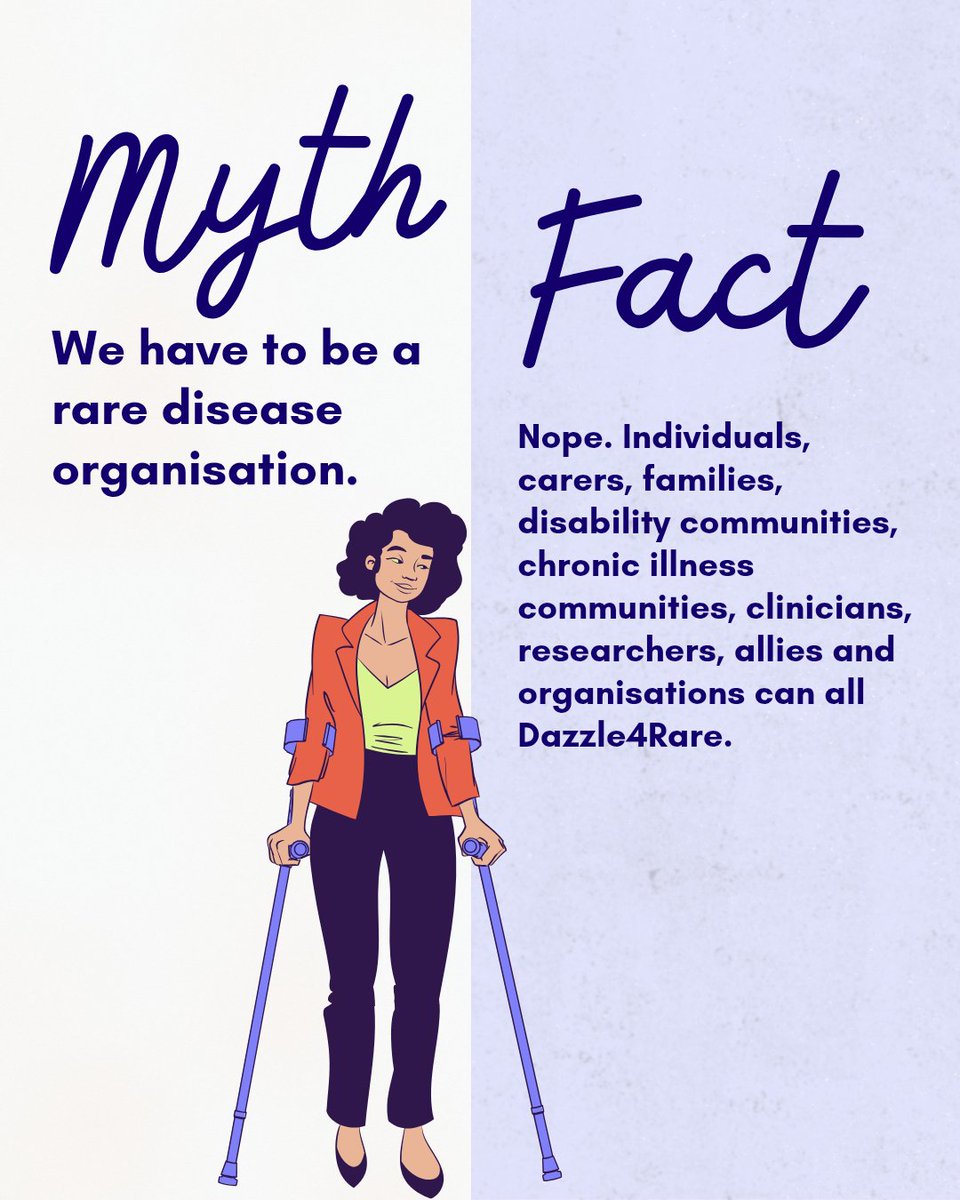 dazzle4rare's tweet photo. MYTH 5: “We have to be a rare disease organisation.”
FACT: Nope. Individuals, carers, families, disability communities, chronic illness communities, clinicians, researchers, allies and organisations can all #Dazzle4Rare . https://t.co/AslmU8SBAI