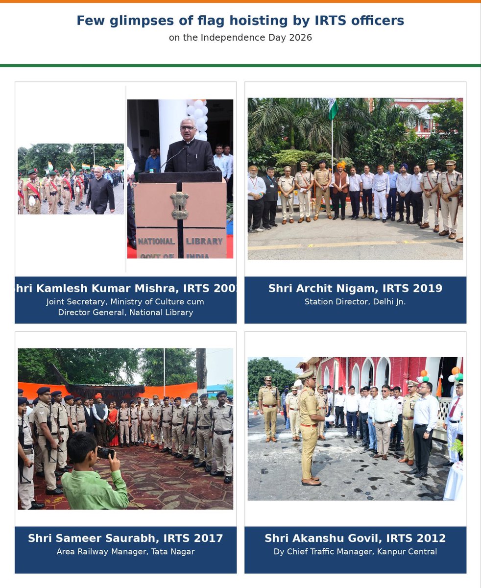 IRTSassociation's tweet photo. A few moments from across India as IRTS officers hoist the National Flag on the Independence Day 2026. 🇮🇳

Different places, one spirit of service, one nation.

#15अगस्त #IndependenceDay #indianrailways #IRTS #IndependenceDay https://t.co/Kh1jhI8EPQ