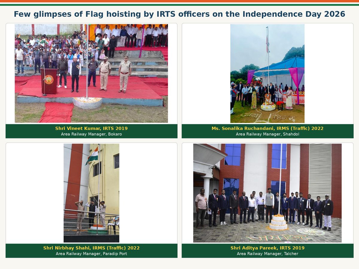 IRTSassociation's tweet photo. A few moments from across India as IRTS officers hoist the National Flag on the Independence Day 2026. 🇮🇳

Different places, one spirit of service, one nation.

#15अगस्त #IndependenceDay #indianrailways #IRTS #IndependenceDay https://t.co/Kh1jhI8EPQ