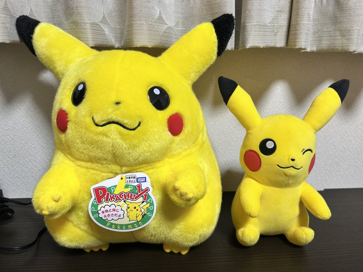 Umeko073's tweet photo. 兄が抽選で手に入れて置いていったピカチュウと甥っ子が持ってきたピカチュウ https://t.co/uE15yv9SKZ