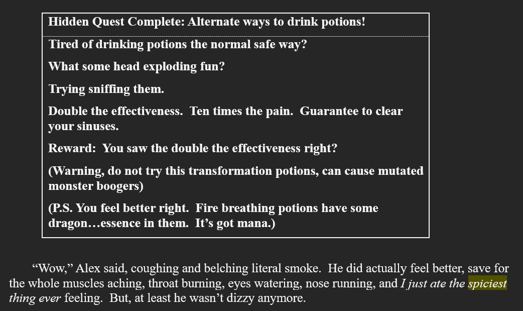 taomrow's tweet photo. #WriteSky #WritingCommunity #WritingPrompts #WIPSnips  #WIP

Spicy 8/15

Alex learns something new when he accidentally gets some potion in his nose during a fight.

https://t.co/oOEMUYrk9b https://t.co/qE92B00dN5