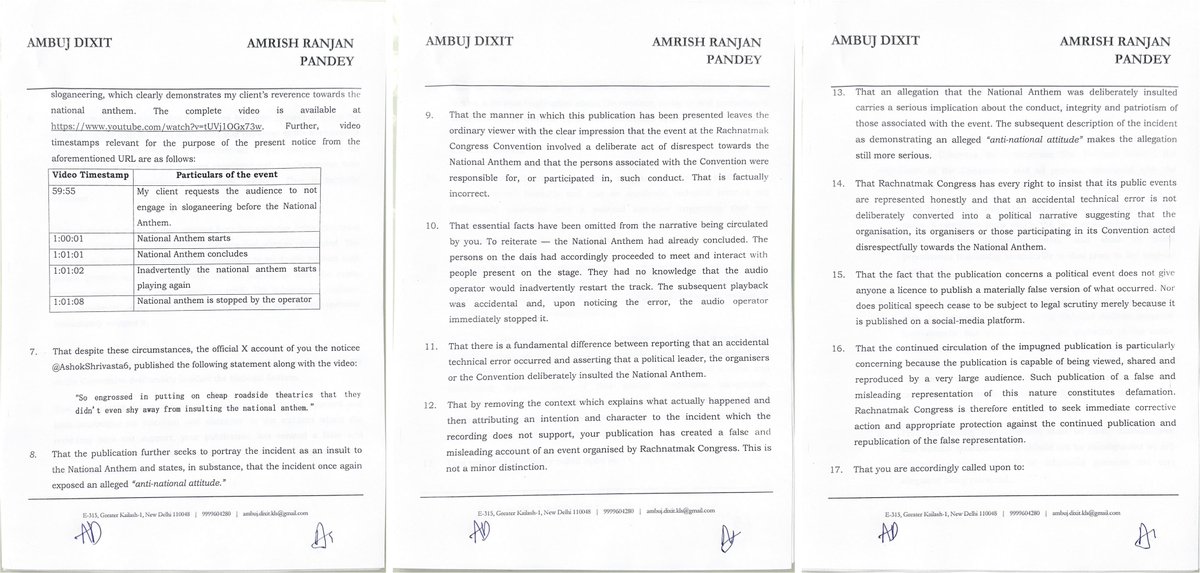 pandey_amrish's tweet photo. Legal notice served by me and @AmbujSpeaks, on behalf of Sh @_SandeepDikshit, Chairperson, Rachnatmak Congress, to @AshokShrivasta6 for falsely portraying the video as disrespect to the National Anthem. Retraction &amp; unconditional apology demanded. Stricter legal action to follow. https://t.co/2soAAgfn9P