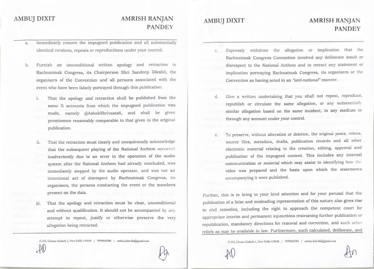 pandey_amrish's tweet photo. Legal notice served by me and @AmbujSpeaks, on behalf of Sh @_SandeepDikshit, Chairperson, Rachnatmak Congress, to @AshokShrivasta6 for falsely portraying the video as disrespect to the National Anthem. Retraction &amp; unconditional apology demanded. Stricter legal action to follow. https://t.co/2soAAgfn9P