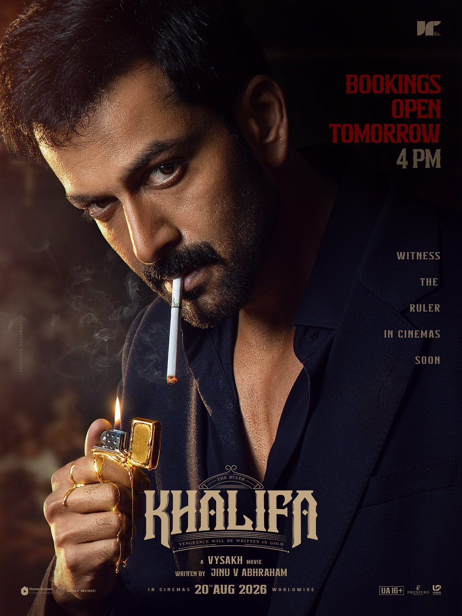PrithviOfficial's tweet photo. #KHALIFA Bookings open tomorrow 4pm IST! In theatres worldwide from Aug 20th 2026! https://t.co/wOzUrmAX5k
