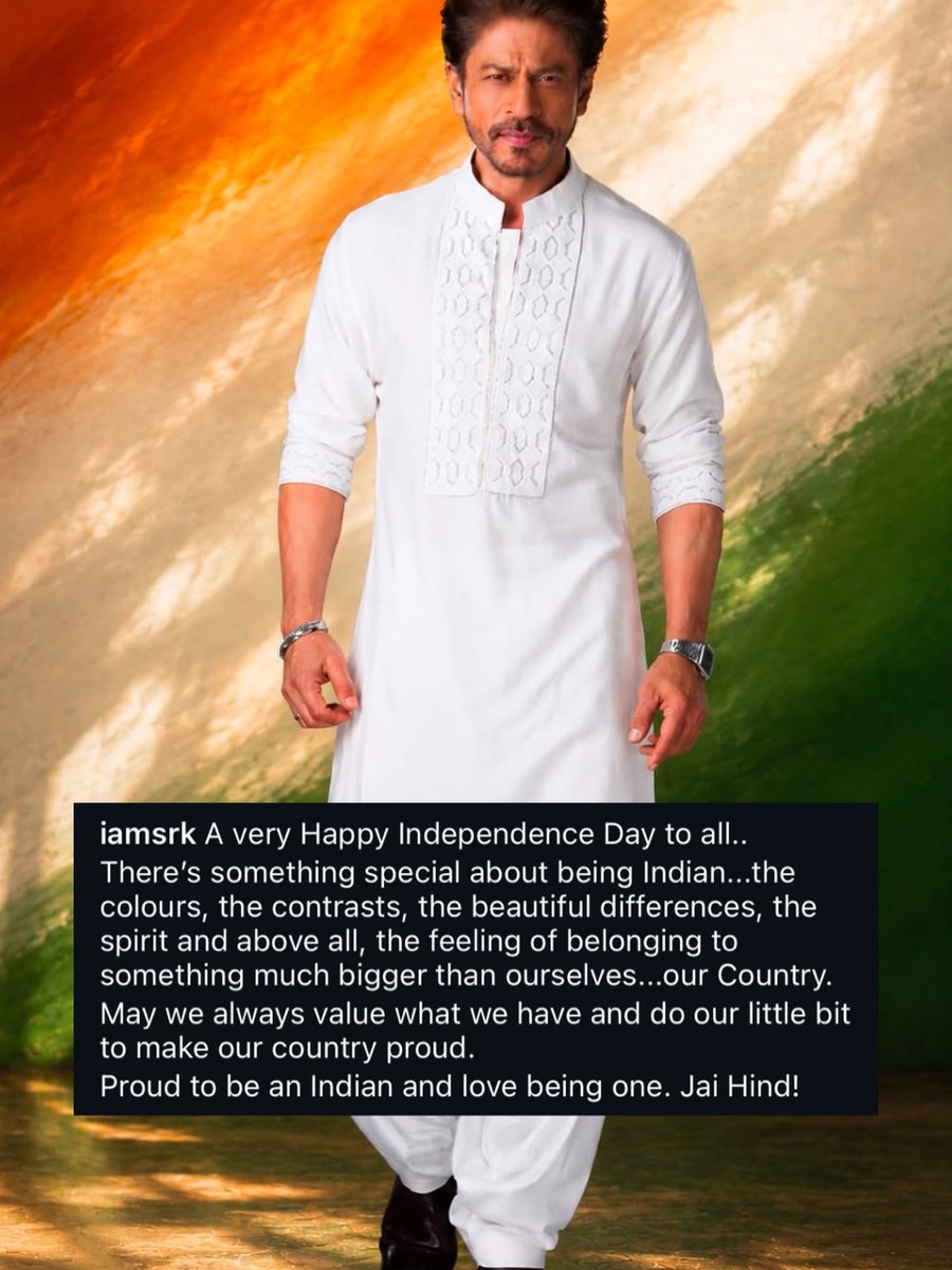 ZoomTV's tweet photo. Shah Rukh Khan wishes everyone on Independence Day with a special message about what makes being Indian so unique. He talks about the country’s colours, contrasts and beautiful differences, while also highlighting the feeling of belonging to something much bigger than ourselves. He ends the note by saying he is proud to be Indian and signing off with “Jai Hind!”

#srk #shahrukhkhan #kingkhan #independenceday