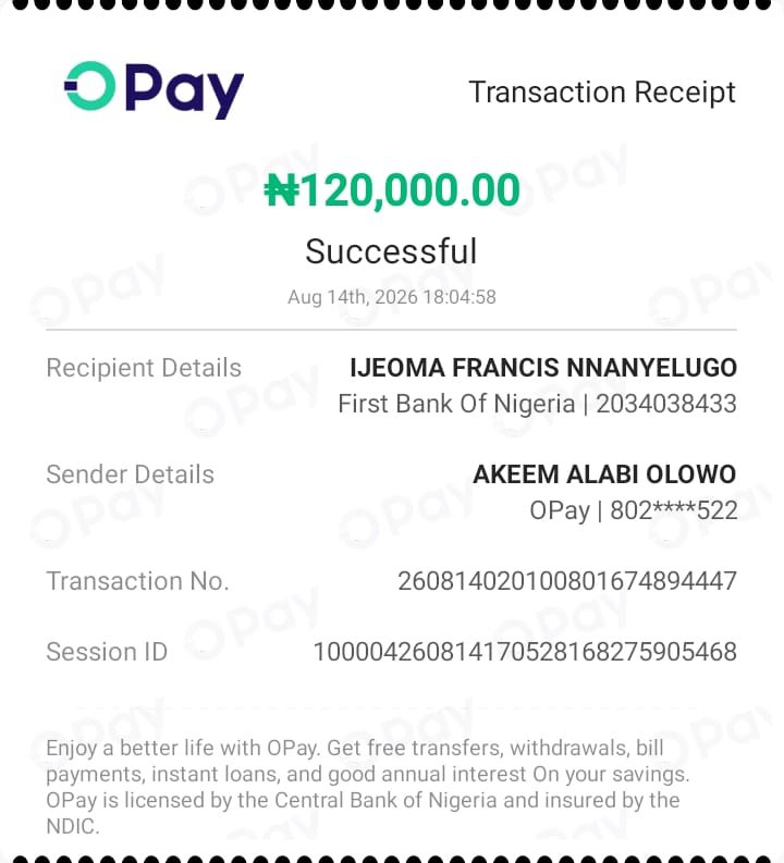 DcPraiz's tweet photo. @FirstBankngr Hello @FirstBankngr I  made an erroneous transfer from my OPay account to a FirstBank account. I am not the owner of the receiving account, and I need to report the mistaken transfer and request assistance with recovering the funds.
This is the transaction https://t.co/SQCNYGP9Li