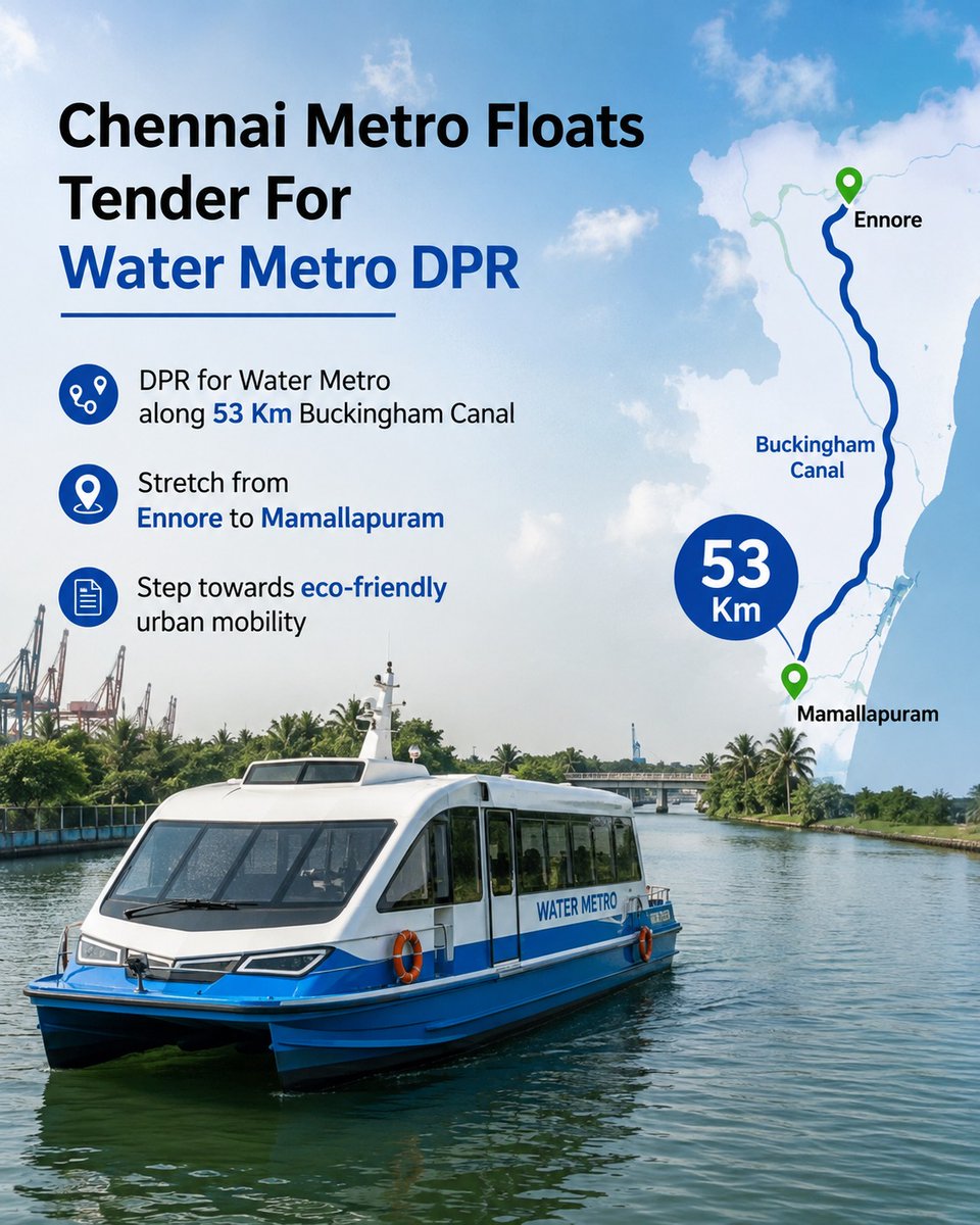IndiaWithR9463's tweet photo. Chennai Metro floats tender for Water Metro DPR, a stretch from #ennore to #Mamallapuram a length of 53 kms approx.
#chennai #watermetro #metro #tamilnadu #india #ecofriendly #developingindia https://t.co/j4GzdPGTh7