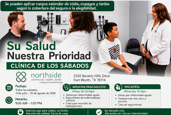 NTACHC's tweet photo. OPEN ON SATURDAY for pediatrics and adult medicine walk-ins! 
9 a.m.-1 p.m. at Northside (2332 Beverly Hills Dr., Fort Worth). No appointment needed! 

Note: Standard visit charges, co-pays and fees may apply based on insurance or eligibility. https://t.co/nbHQQxmarQ
