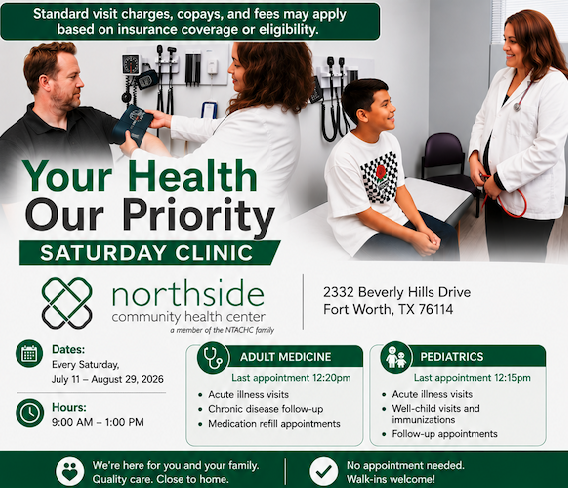 NTACHC's tweet photo. OPEN ON SATURDAY for pediatrics and adult medicine walk-ins! 
9 a.m.-1 p.m. at Northside (2332 Beverly Hills Dr., Fort Worth). No appointment needed! 

Note: Standard visit charges, co-pays and fees may apply based on insurance or eligibility. https://t.co/nbHQQxmarQ