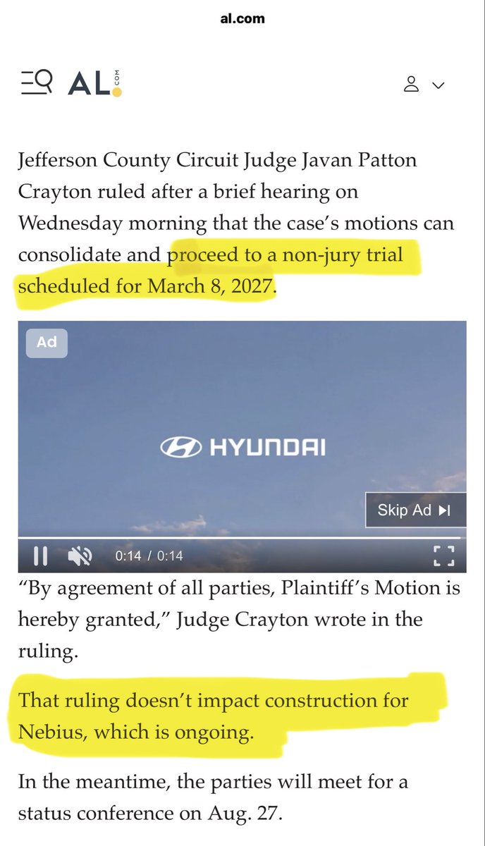 MB_Hogan's tweet photo. $NBIS UPDATE: Judge rules that Construction on Nebius Birmingham Data Center is Allowed to Continue Until March 8th Non-Jury Hearing 🔥

The note is behind a paywall which I was able to pay for to access, but here is the portion of the article highlighted and two key points:

1.  Non-Jury Hearing — This is a key point as the judge will decide legal issue not a jury

2.  Construction Can Continue until the hearing — This is Massive as Nebius will be able to move forward with substantial completion of the data center by March 8th and the chances of any ruling stopping a buildout at that advanced stage are far more slim.
