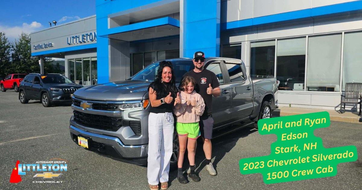 LittletonChevy's tweet photo. Congratulations to April and Ryan Edson of Stark, NH on the purchase of this recently trade and Certified 2023 Chevrolet Silverado 1500 Crew Cab. We so appreciate your business. Have fun on all of your adventures. #ExperienceTheDifference https://t.co/VlUHMWJV8Z