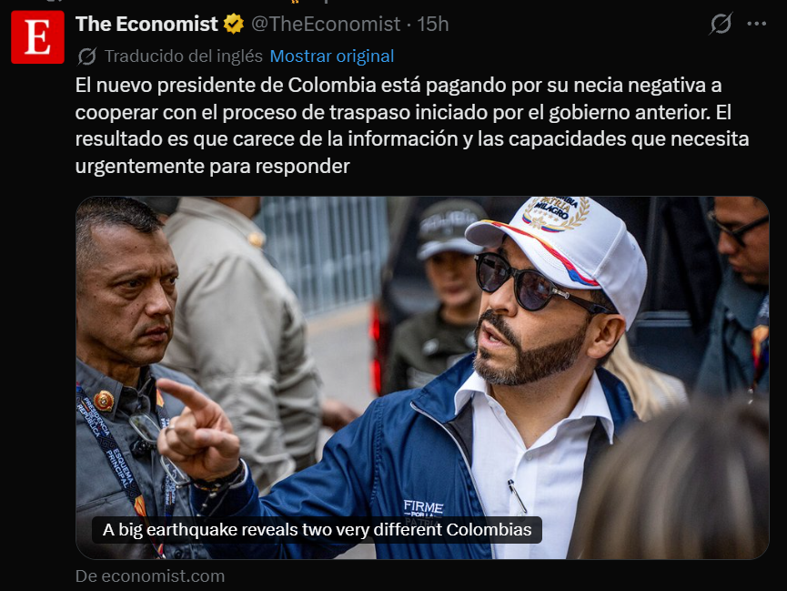 Matador000's tweet photo. En menos de una semana, el país está destruido y Abelardo parece más preocupado por que la gorra de Patria Milagro le tape la frente, por lucir sus gafas con aplique de tigre y esmeraldas —a la venta en De la Espriella Style por $1.750.000— y por llevar la barba perfectamente recta para la foto.

Eso pasa cuando eliges como presidente a la reina del Carnaval de Barranquilla.