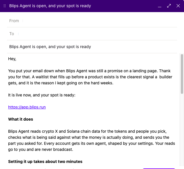 blipsdotrun's tweet photo. If you were on the waitlist, @littupdev sent you the link Saturday.

Since then, testers have been running the agent hard.

The feedback is good. The product is sharper because of it.

Thank you to everyone testing. You're building this with us.

Public release next. https://t.co/zQN6fopkgf