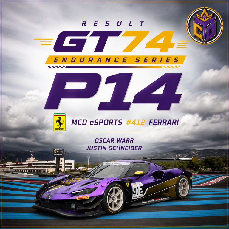 MCDxESPORTS's tweet photo. 🔸𝐑𝐞𝐬𝐮𝐥𝐭 𝐆𝐓𝟕𝟒 𝐄𝐧𝐝𝐮𝐫𝐚𝐧𝐜𝐞
After a great qualifying Oscar put the #412 car on pole, and led all the way for the first 1,5 hours. ☄️

Unfortunately a backmarker ruined an easy victory, but we showed our true potential, and look to bounce back!👊

P14

#MCDxESPORTS https://t.co/S1JNPrrAZJ
