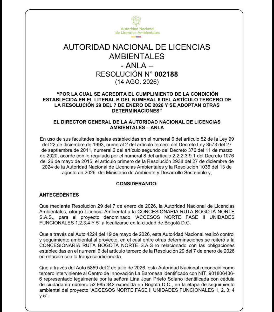 mateoamayaq's tweet photo. GRAN NOTICIA!
En tan solo un día de posicionado, el director del ANLA, acaba de destrabar la ampliación de la Autopista Norte.

Esperemos que pronto podamos tener también vía libre para muchas más proyectos de infraestructura bloqueados por los falsos ambientalistas. https://t.co/HD14CzDWm0