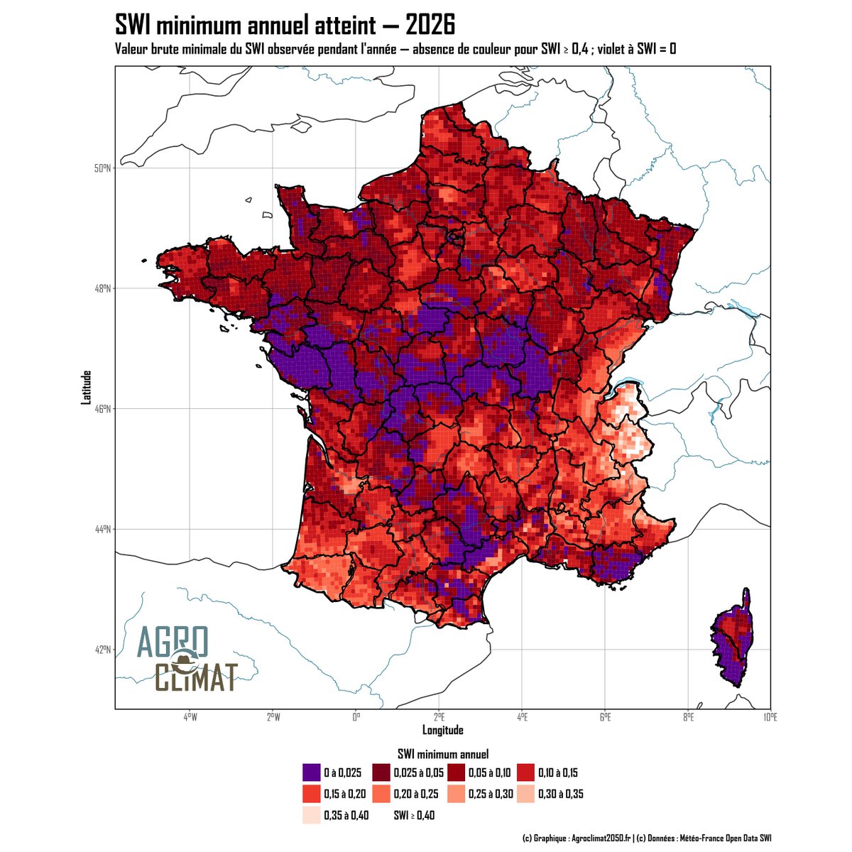 SergeZaka's tweet photo. Au 14 août, l'intensité de la sécheresse de 2026 continue de creuser l'écart avec 1976, 2003 et 2022. Au niveau national, les sols ne sont plus qu'à 10% de leur capacité. Il n'y a même strictement plus une seule goutte d'eau dans les sols de la Roche sur Yon à Macon.
[1/2] https://t.co/P6UVioJkzD