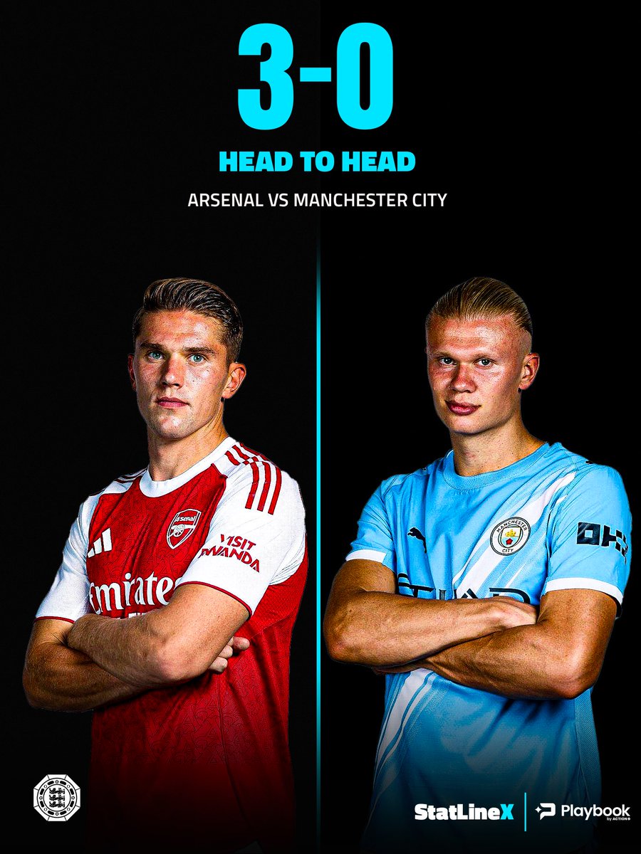 StatLineX's tweet photo. 🚨 Arsenal have played Manchester City 3 times in the Community Shield.

Arsenal have won all 3.

Man City haven't beaten Arsenal in this fixture once in their entire history. Tomorrow is the first chance to change that. https://t.co/97aBjZBve3