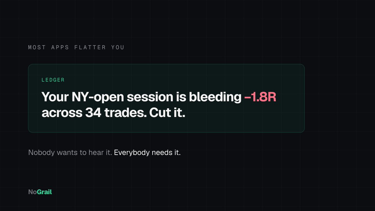 newdevlife's tweet photo. Building a coach that's blunt about your leaks was a strange design choice. Most apps flatter you. This one tells you your NY-open session is bleeding and to cut it. Nobody wants to hear it. Everybody needs it. https://t.co/DNbdhugosU