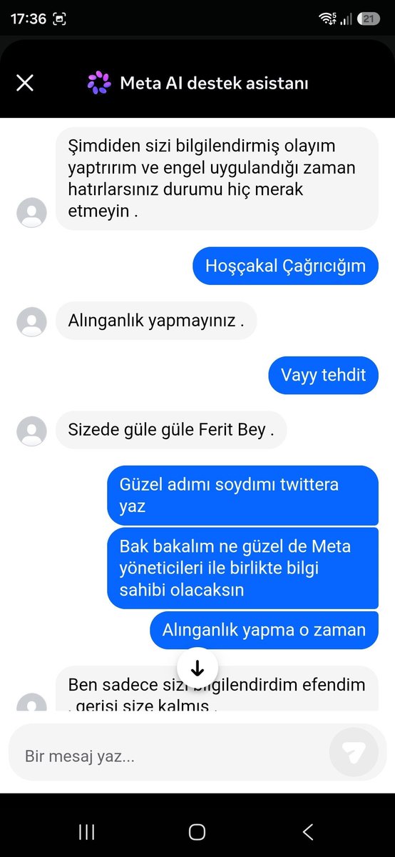 haskologlu's tweet photo. Türkiye'de Instagram hesabı gerekçe gösterilmeden kapatılmasına itiraz eden bir vatandaş, META'ya yaptığı şikâyeti paylaştığı için TEHDİT EDİLDİ.

Türkiye'de META'yı kullanarak faaliyet gösteren bir çete var. Eren Sağır ve Derya Matras isimli iki şahıs, tüm ihbarlara rağmen hiçbir adım atmıyorlar.

Olayı yaşayan vatandaş, birkaç saat sonra kendisine para teklif edildiğini paylaştı.

Vatandaşın hakkını savunması gereken yetkili birimler artık bu konunun peşine düşmeli. Dijital şantaj ve çökme olayları her gün yaşanıyor.

Eren Sağır ve Derya Matras isimli şahıslara defalarca ihbarlar gitmesine rağmen Türkiye'deki durumla ilgili açıklama dahi yapmadılar. Kendilerinin rüşvet aldığına yönelik de çok sayıda iddia gündeme geldi tek bir cümle kurmadılar. 

META'nın Türkiye'deki ARTIPR isimli ajansına konuları iletsem de dönüş olarak neredeyse bir şey elde edemedik. Şu an ciddi bir suç işleniyor. Bugün yaptıklarınız yarın başınıza dert olur. İhbarlara rağmen adım atmıyorsanız bu sizi suça ortak eder.

(Olayı yaşayan vatandaşın ismi: Ferit Birkan Devletoğlu)

@UABakanligi @SiberayEGM @ilkecarkci  @ARTIPR