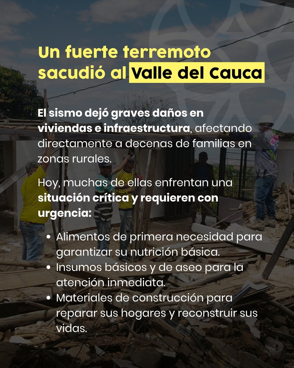 ImpulsoVerde's tweet photo. Campaña solidaria por las comunidades rurales afectadas por el terremoto en el Valle del Cauca, Colombia.

En momentos difíciles, la solidaridad también es una forma de sembrar esperanza. https://t.co/Fjh2M8zsi3
