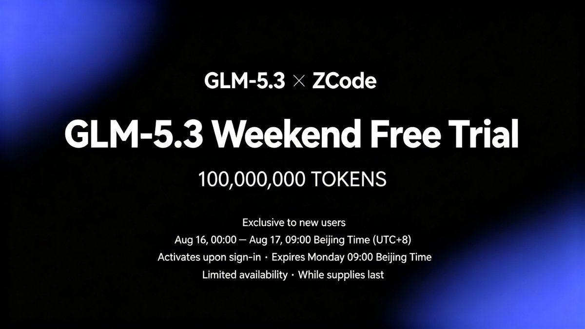 zcode_ai's tweet photo. Weekend Build Update
Demand has exceeded our expectations 🚀
We’re temporarily pausing new 100M GLM-5.3 token grants while we adjust capacity. The standard 3M new-user benefit remains available.
We’ll monitor demand and resume the Weekend Build grant as capacity allows. Stay tuned for updates.