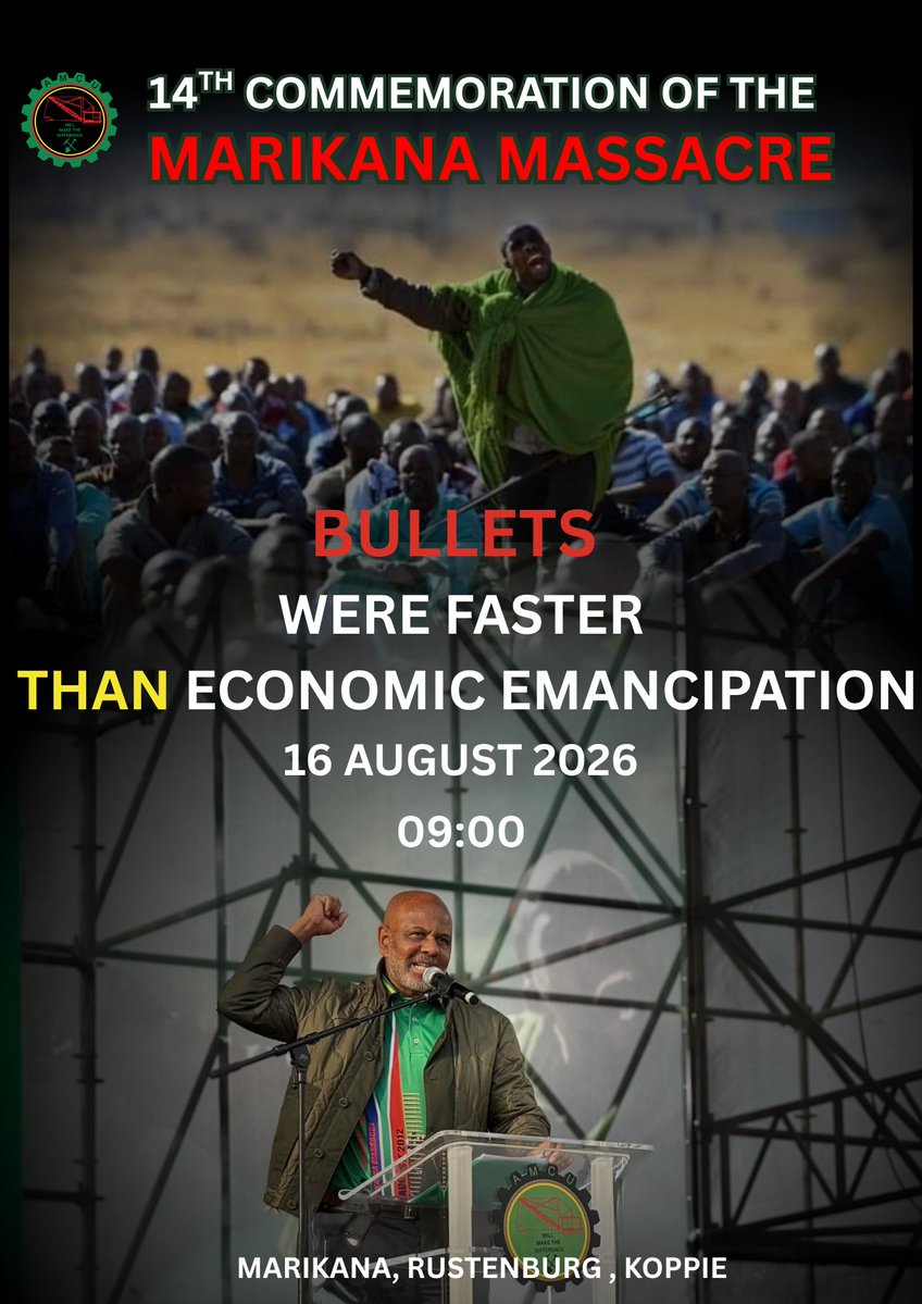 Amcumedia's tweet photo. Fourteen years on and there is still a void... where is the accountability? Where is justice for the 34 massacred mineworkers? Tomorrow AMCU convenes the 14th Commemoration of the Marikana Massacre at The Koppie. Join the commemoration... #amcu #remember #marikana #justice #2026 https://t.co/w62jcOqrSE