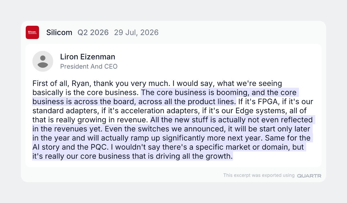 owensinvestment's tweet photo. $SILC is trading at ~2.4 FWD P/S with their legacy core in cybersecurity, SASE/SD-WAN edge systems, and FPGA capture and acceleration cards running on all cylinders with 59% revenue growth while the most important growth verticals (AI inference, PQC, white-label switching) have yet to contribute to revenue and will provide meaningful acceleration as we go into H2 FY2026 and more materially in FY2027.

Silicom makes the network cards that go inside servers and the small boxes that connect branch offices to the internet. Silicom's engineers spend 9-12 months embedded inside a customer's R&D team building a custom part. When a customer qualifies it into their product, that's a design win and provides very sticky revenue for $SILC. The growth acceleration is clear enough: Q4 2025: +17%, Q1 2026: +33%, Q2 2026: +59%.

Their balance sheet is phenomenal. $SILC currently sits with zero debt and has ~$45M in cash sitting in its books. Management has clearly indicated that operating leverage is beginning to kick in; the numbers tell the story. In Q2, Opex as a % of revenue dropped from 47.7% to 35.0%, and management now expects non-GAAP profitability in H2 FY2026, which was "significantly earlier than they had originally anticipated"