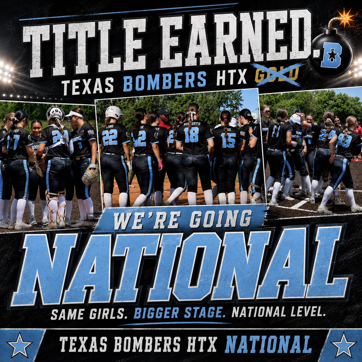 caydenbailey28's tweet photo. TITLE EARNED.

Same girls. Same grit. Same love for the game. 
Just a bigger stage and a new name… 
TEXAS BOMBERS HTX NATIONAL!

So proud of these girls and coaches and everything we’ve accomplished together. I can’t wait to see what we do with it!🖤

#TitleEarned #TexasBombers https://t.co/dw9ujD0kmp