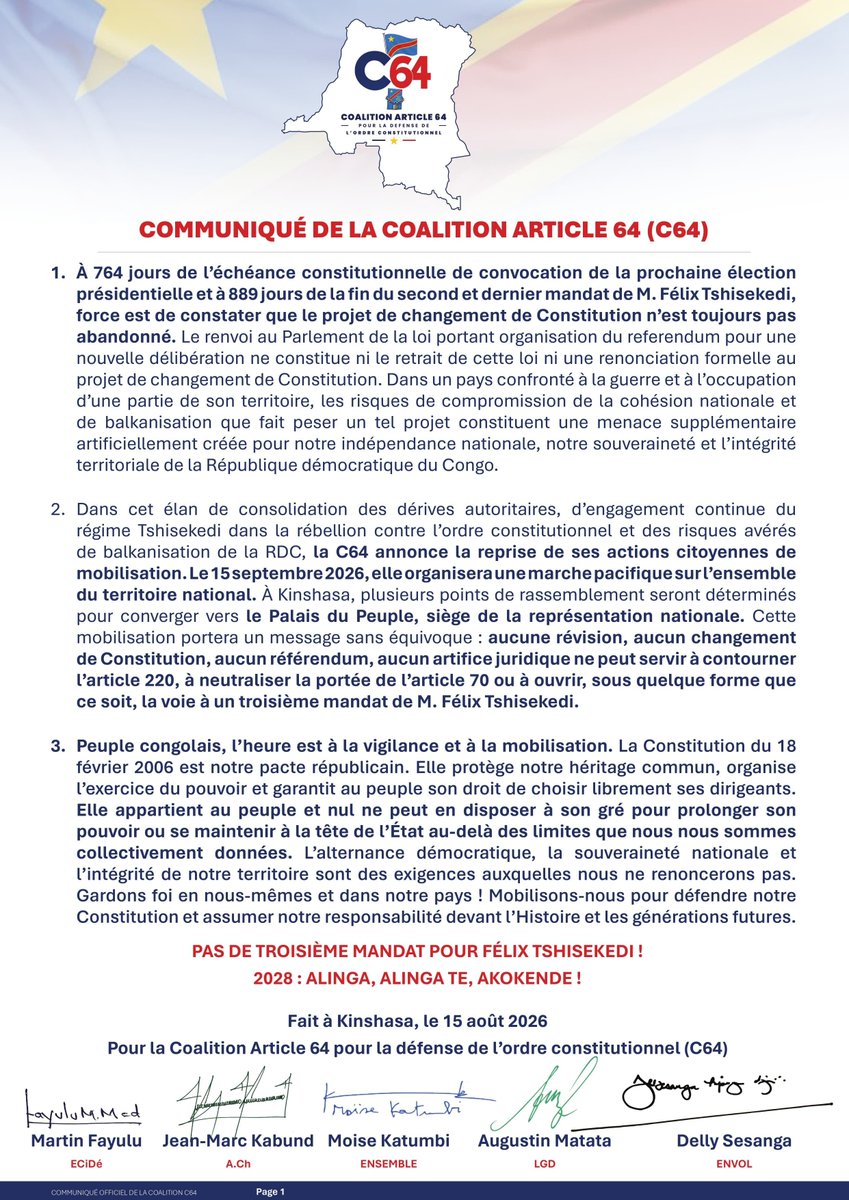 DSESANGA's tweet photo. Peuple congolais, l’heure est à la vigilance et à la mobilisation.
La Constitution du 18 février 2006 est notre pacte républicain. Elle garantit l’alternance démocratique, la souveraineté nationale et le droit du peuple à choisir librement ses dirigeants.
Nul ne peut s’en servir pour confisquer le pouvoir ou prolonger indéfiniment son mandat.
Mobilisons-nous pour défendre notre Constitution et préserver l’avenir de notre nation.