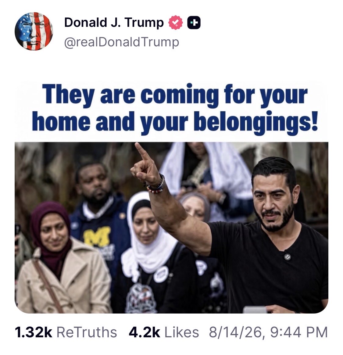 ACTBrigitte's tweet photo. Trump is doing what no one else will: calling out the Islamic takeover of America in plain English.

These radical Islamists aren’t just coming for your home and belongings … they’re are coming for your freedoms and way of life! 

America better wake up before it’s too late to reverse course.