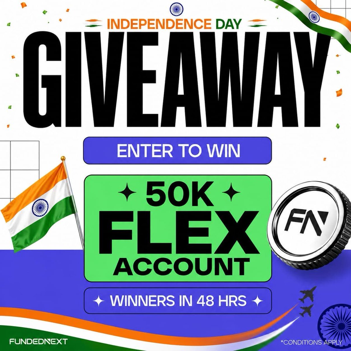 Nastraderr's tweet photo. 🇮🇳 INDEPENDENCE DAY GIVEAWAY 🇮🇳

🎁 1 × 50K FLEX ACCOUNTS up for grabs!

How to enter:

Follow:
@fnfutures @Galib_FN @nastraderr

Like &amp; Repost 

Comment #IloveFundednext

⏰ Winners announced within 48 hours.

Good luck! 🇮🇳🔥 https://t.co/AnNTozMSSQ