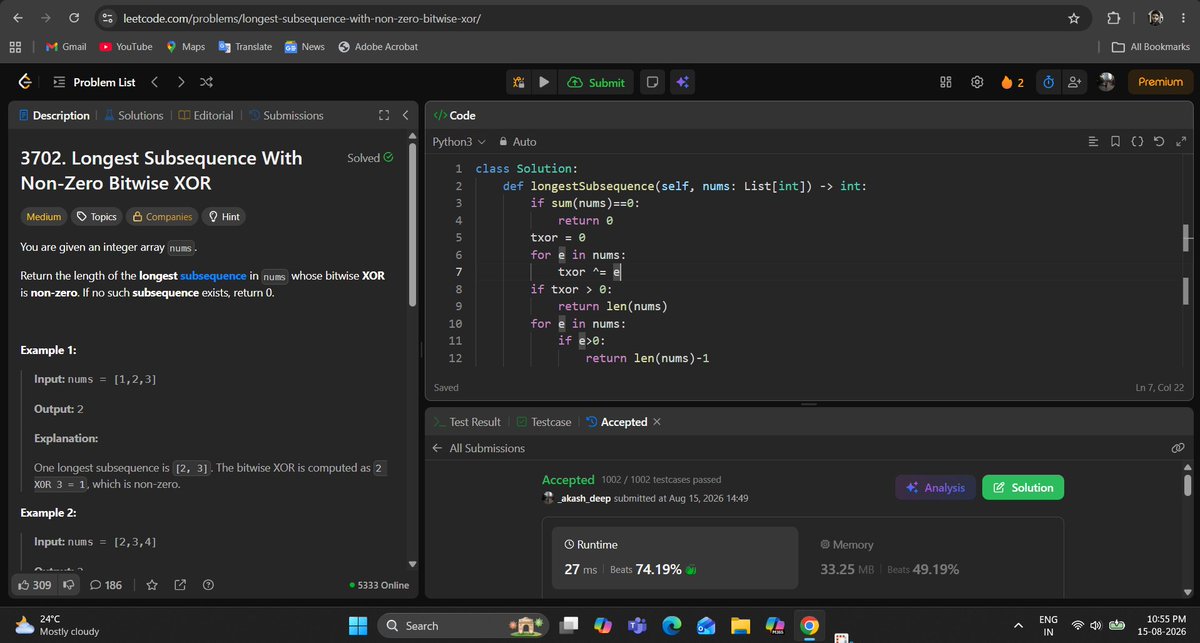 _deep_star's tweet photo. Hello All, I completed #Day956 of #365DaysofCode Challenge with @scaler_official
Question: Longest Subsequence With Non-Zero Bitwise XOR
discord link: https://t.co/8JQpNSUK1v
#letsconnect #potd #scalerdiscordcommunity #codewithscaler #365daysofcodescaler #365DaysofCode https://t.co/CUdSpS93OH