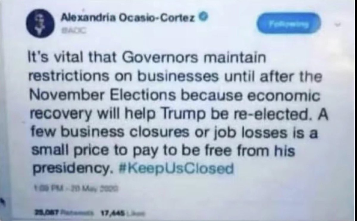 Milajoy's tweet photo. AOC wants our country to FAIL until after the midterms in hopes more Democrats are elected. 

Can you imagine wishing for this?

AOC must NEVER be president. https://t.co/tSF8vdcOTR