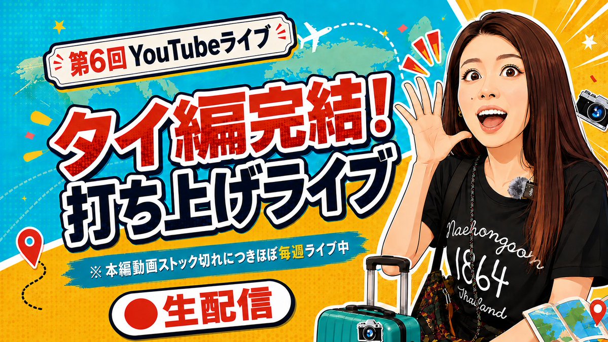 Hilotabi's tweet photo. 📣日曜19:00のライブ、電波チェック完了しました！

「タイ編の打ち上げ」🇹🇭
リアタイできない方向けに、質問を先に集めてます。

このポストへの返信でも、DMでも、
YouTubeコミュニティでも、インスタでもOK🙋‍♀️

▶ https://t.co/9XPuh40JqO

#ひろ旅 #女ひとり旅 #ライブ配信 https://t.co/Mfh2oyHMke