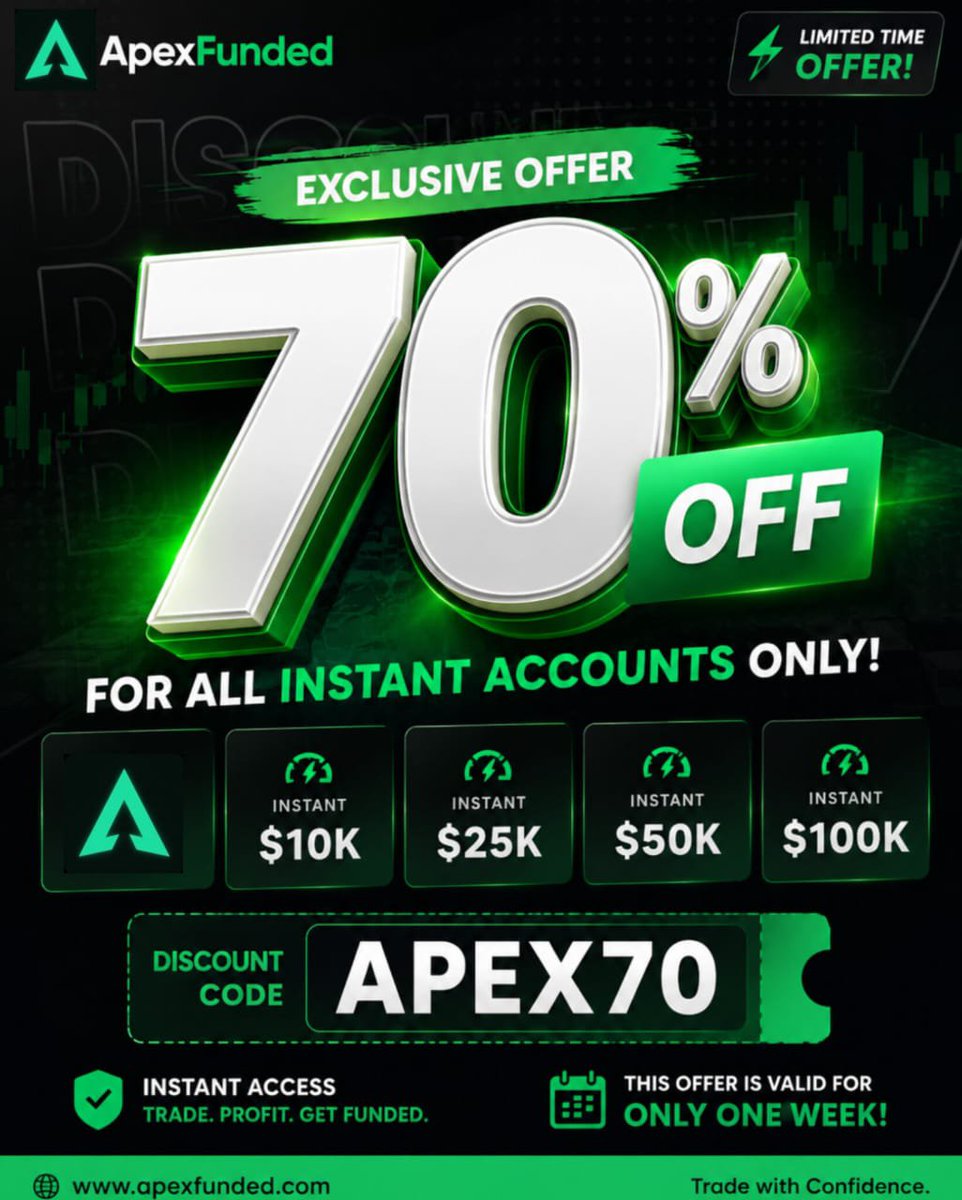 APEXFUNDED5qe's tweet photo. 🚨 70% OFF — APEX70 IS LIVE! 🚨
Your trading journey just got cheaper. 🔥
Get 70% OFF ALL INSTANT ACCOUNTS at ApexFunded.
🎯 Discount Code: APEX70
⏳ Valid for ONE WEEK only
💰 Instant Funding
⚡ Start trading immediately
Don’t wait until the offer expires.
👉 Use code APEX70 and get funded for 70% OFF.
#ApexFunded #PropFirm #Forex #Trading #InstantFunding #Funding #APEX70