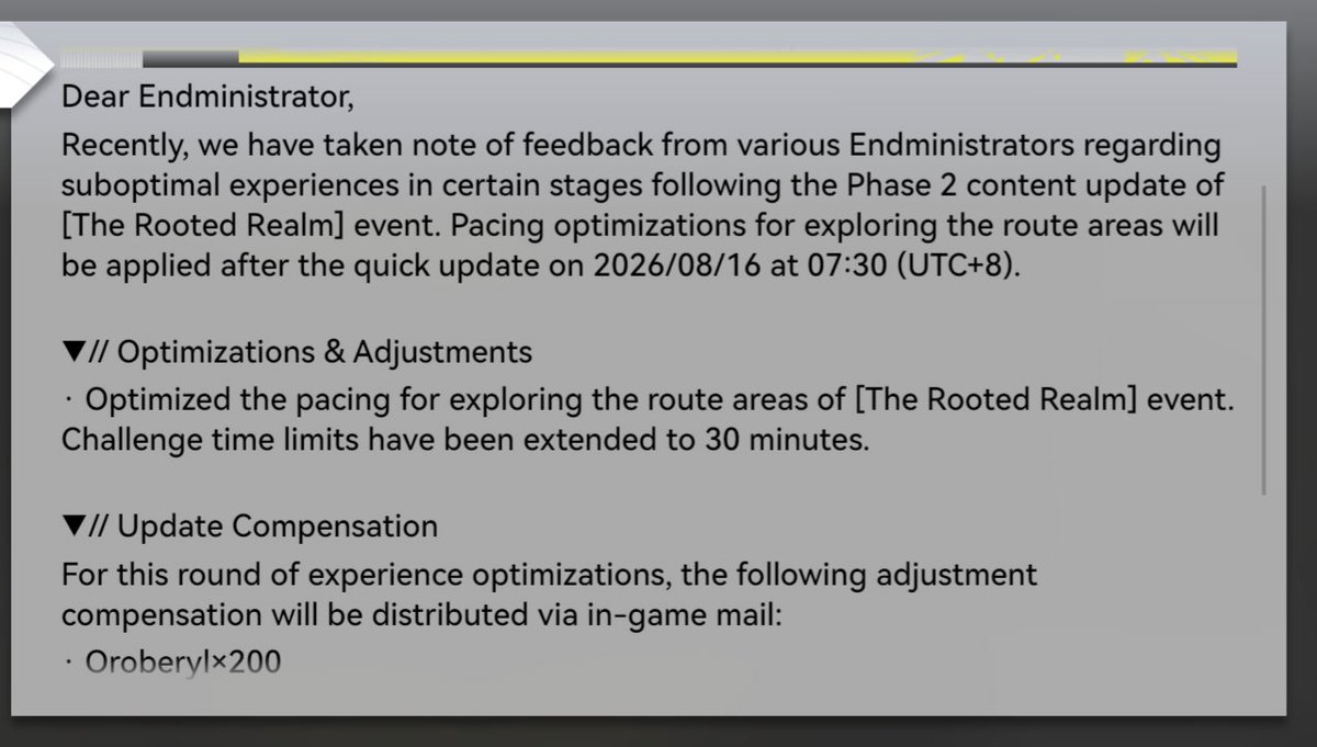 AK_CN_Shitpost's tweet photo. Arknights: Endfield "The Rooted Realm" event challenge time limits will be extended from ~1 minute to 30 minutes

200x Oroberyl compensation https://t.co/AfT5bIC2wN