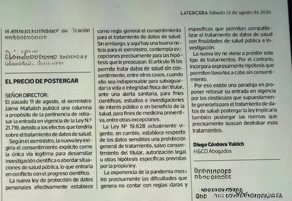 felipeharboe's tweet photo. @MaurizioMattoli @jmanalich Es importante precisar que las afirmaciones hechas en esa columna adolecen de sustento en la ley. Existen excepciones al consentimiento a tratamiento de datos de salud justamente para materias de sanidad e investigación tal como afirma @diegocordova en su carta de  LT https://t.co/hLU0cDigZz