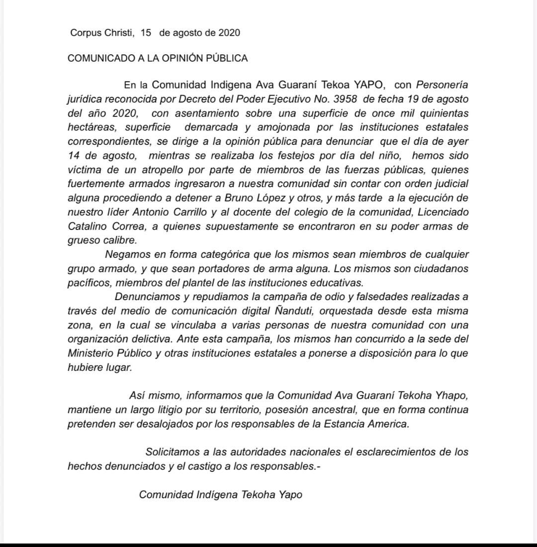 AnibalEspinola1's tweet photo. Quien tiene la verdad? Informaron de la muerte de dos integrantes del "equipo" del prófugo Felipe "Macho" Acosta pero la comunidad indígena de Yhapó denuncia que los muertos fueron un docente que festejó el día del niño con sus alumnos y un líder del asentamiento. https://t.co/5qY3CcTtCS