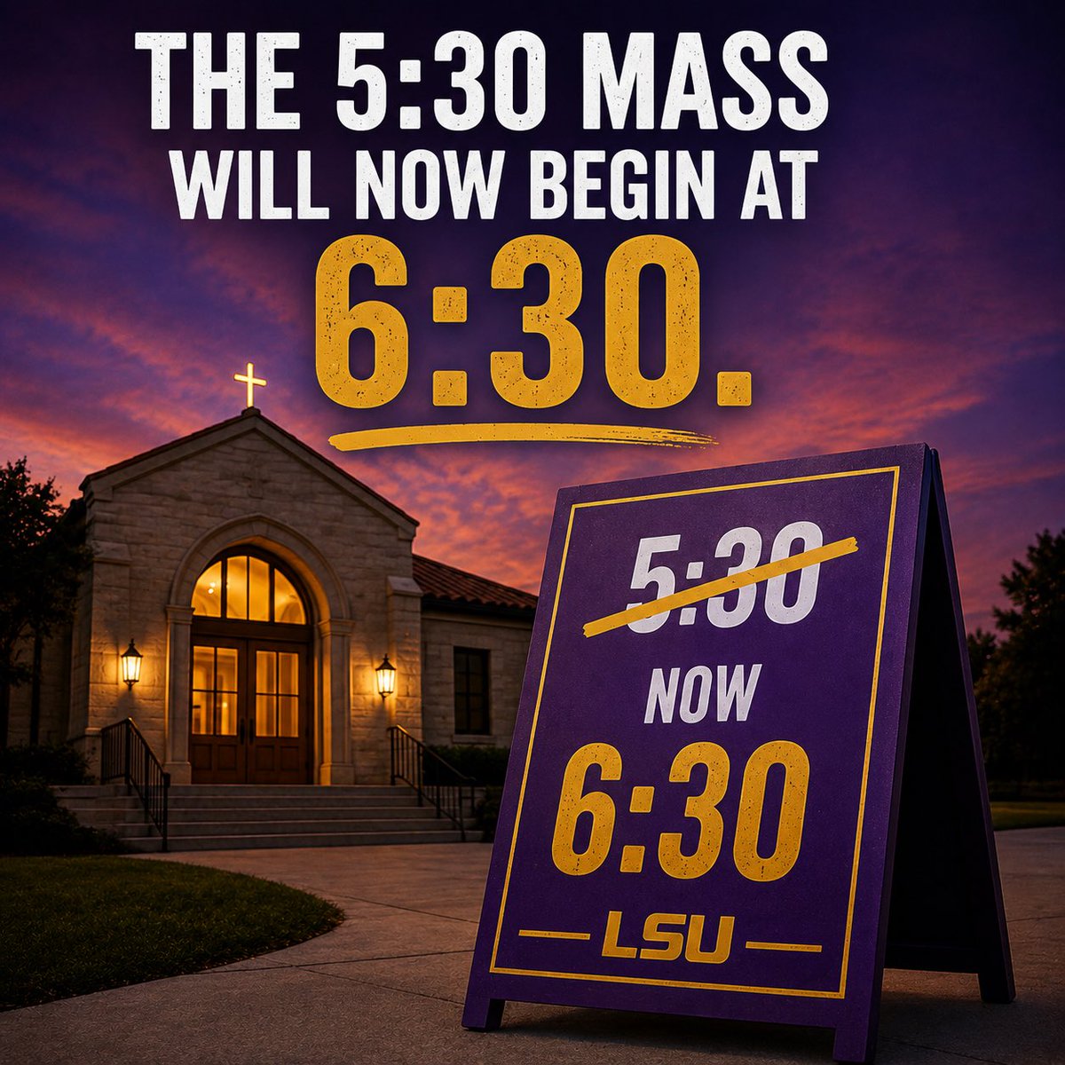 PadreHooch's tweet photo. IMPORTANT PARISH ANNOUNCEMENT

Until this whole No. 5 situation gets worked out, we’ve been advised to take the necessary precautions.

Thank you for your patience, generosity &amp; cooperation during this difficult time.

Geaux Tigers! 🐯💜💛
@MattMoscona @LSUfootball @Lane_Kiffin https://t.co/sDfKwT31fC