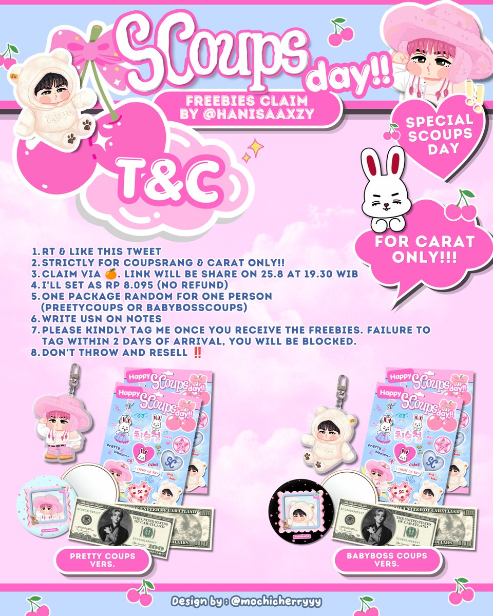 Hanisaaxyz's tweet photo. ݁ ˖ ⋆˚𐙚⋆˚ SCOUPS DAY FREEBIES CLAIM ⋆˚ Ი𐑼
By @Hanisaaxyz 🍒✨

—•TNC 🎀
• RT & Like this tweet
• Strictyl for COUPSRANG & CARAT ONLY ‼️‼️
• Claim via 🍊
Link will be share on 25.8 at 19.30 WIB
• I’ll set as Rp 8.095 (no refund)
• One package for one person (RANDOM)
• Write usn on notes
• Please kindly tag me once you receive the freebies. Failure to tag within 2 days of arrival, you Will be blocked 🙏🏻
• Don’t Throw and Resell ‼️
• Open for trade, hit my DM 🩷