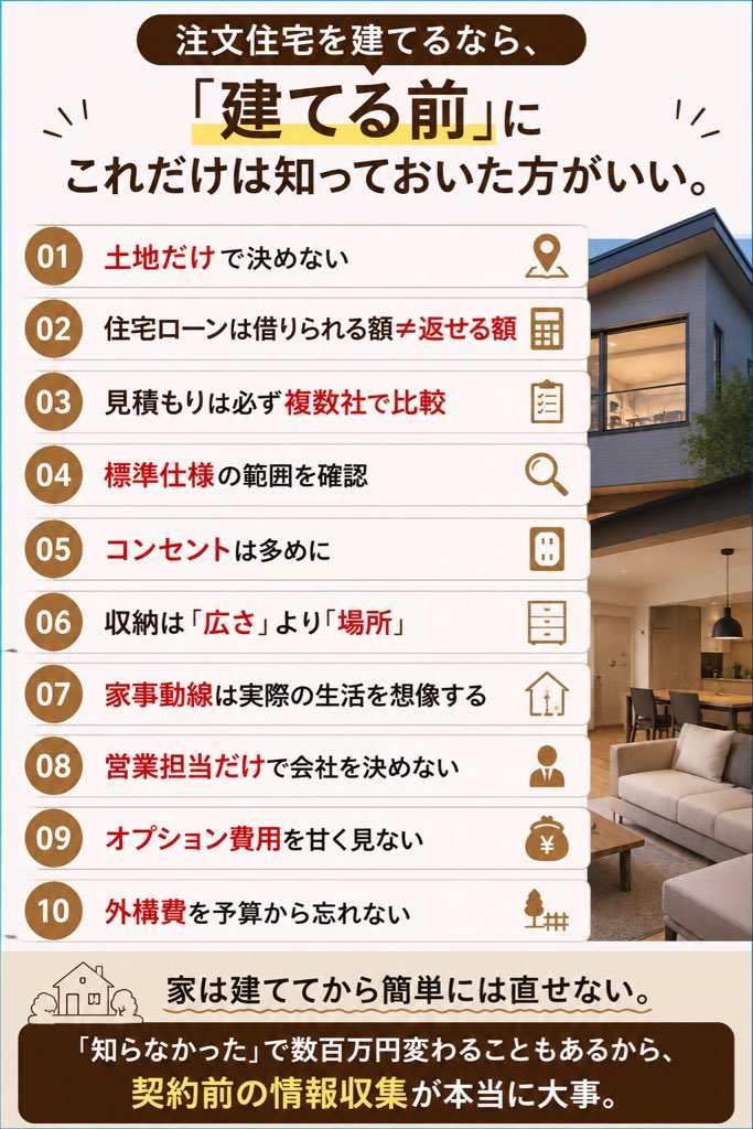 tarou_aiwork's tweet photo. 注文住宅を建てるなら、
「建てる前」にこれだけは知っておいた方がいい。

・土地だけで決めない
・住宅ローンは借りられる額≠返せる額
・見積もりは必ず複数社で比較
・標準仕様の範囲を確認
・コンセントは多めに
・収納は「広さ」より「場所」
・家事動線は実際の生活を想像する
・営業担当だけで会社を決めない
・オプション費用を甘く見ない
・外構費を予算から忘れない

家は建ててから簡単には直せない。

「知らなかった」で数百万円変わることもあるから、
契約前の情報収集が本当に大事。