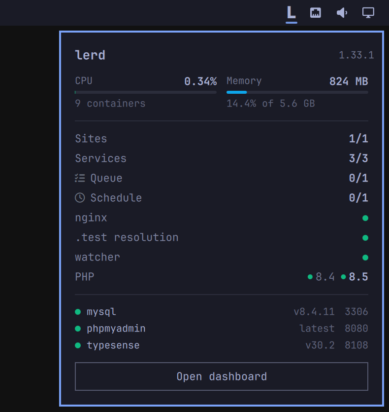 geodro's tweet photo. lerd glance is out: your whole lerd environment in the omarchy quattro bar  
sites, services, workers, resources, and a cleanup button that only shows up when there's disk to reclaim https://t.co/RVYvGfgZqx