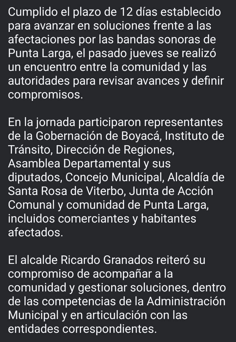 1anoticiass's tweet photo. 🚨🚧 ALCALDE DE #NOBSA, #BOYACÁ, MANTIENE SU COMPROMISO CON LA COMUNIDAD DE PUNTA LARGA ANTE LAS AFECTACIONES POR LAS BANDAS SONORAS. @GobBoyaca @InviasOficial @ItboyBoyaca @TransitoPolicia https://t.co/CULyP942AV