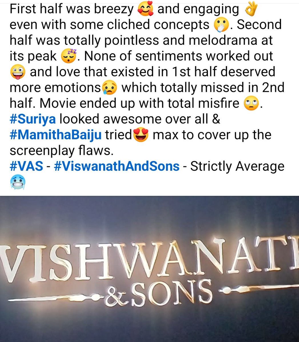Kannan5689's tweet photo. #VAS
#VASReview
#VishwanathAndSons
#VenkyAtluri 😷😷😷
@Suriya_offl 👍👍👍
@_mamithabaiju 🙌🙌🙌 https://t.co/6xoKWUp3oB